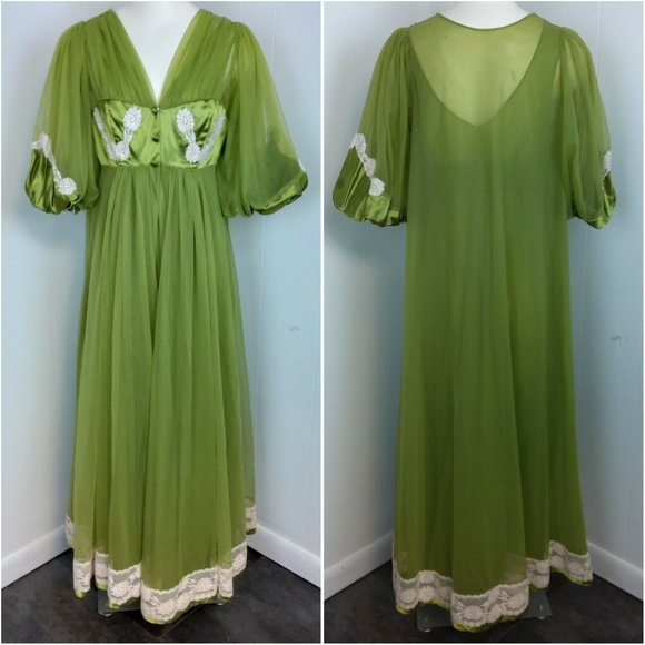 Incredible Vtg 2 Pc 100% Nylon Tricot Peignoir Nightgown & Robe Set Green Lace - Picture 2 of 12